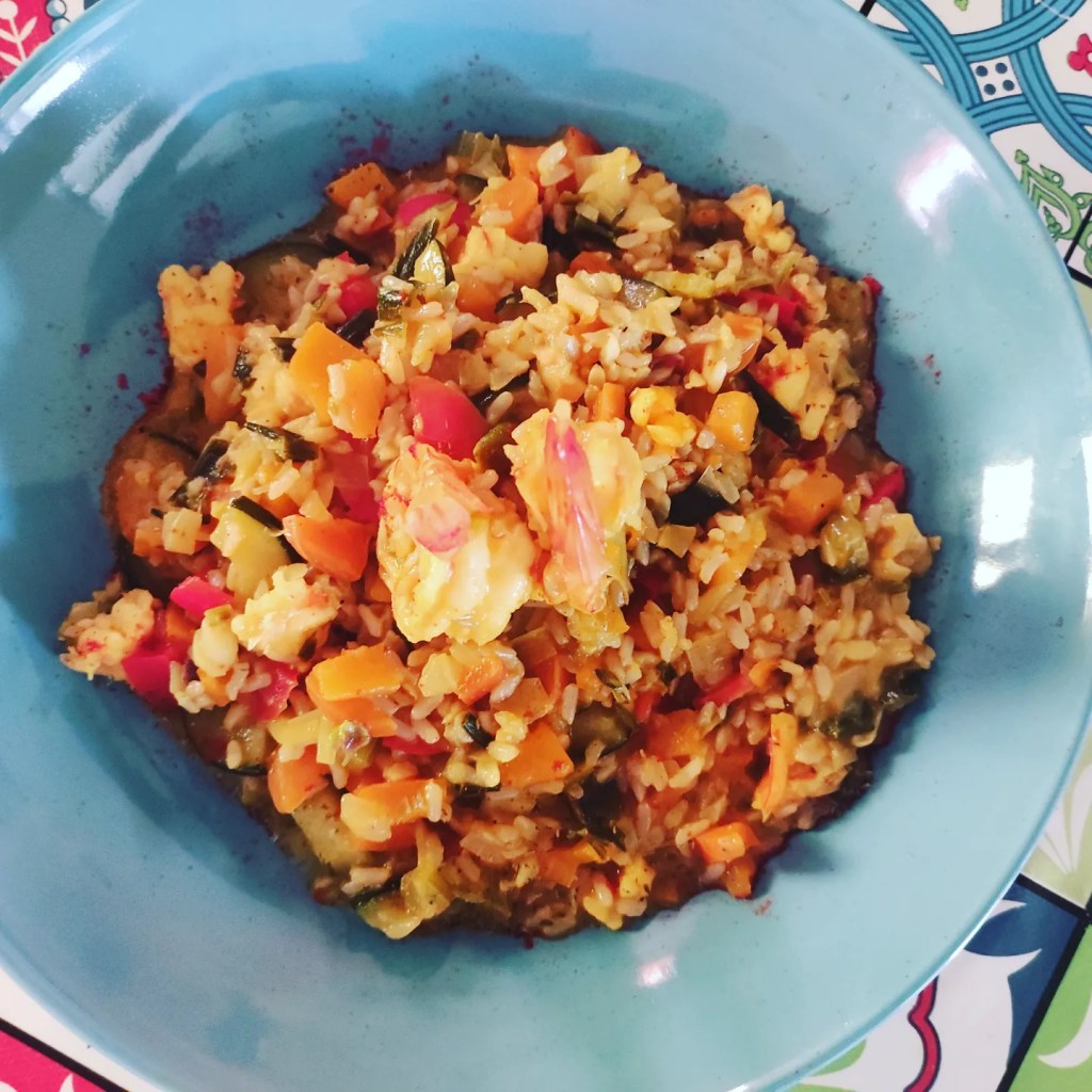Risotto jardinero con calabaza y langostinos